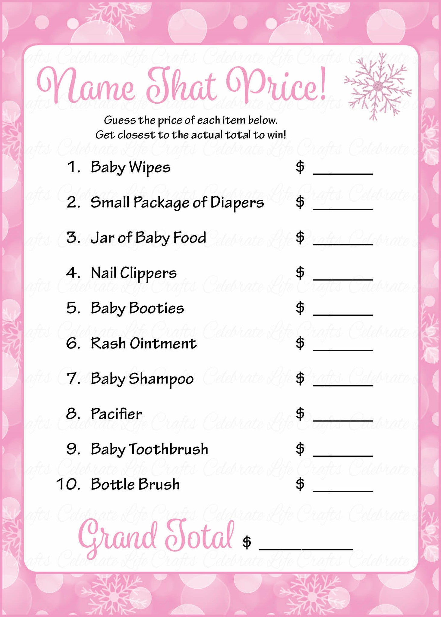 Name That Price Baby Shower Game - Winter Baby Shower Theme for Baby ...
