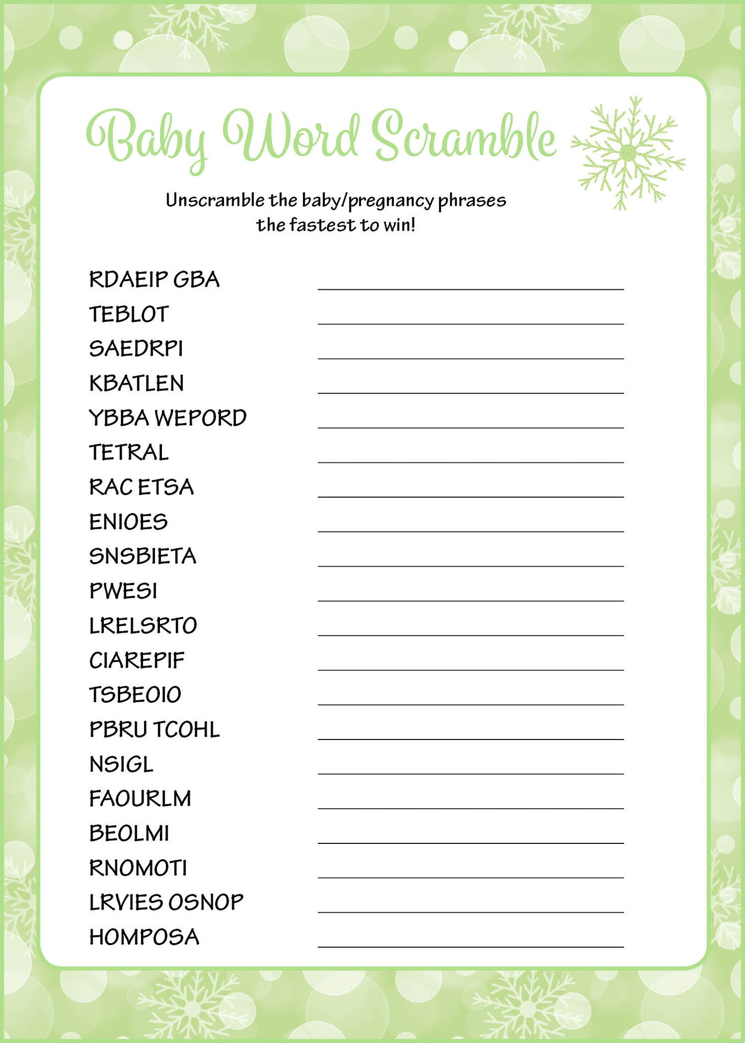 Word Scramble Baby Shower Game - Winter Baby Shower Theme ...