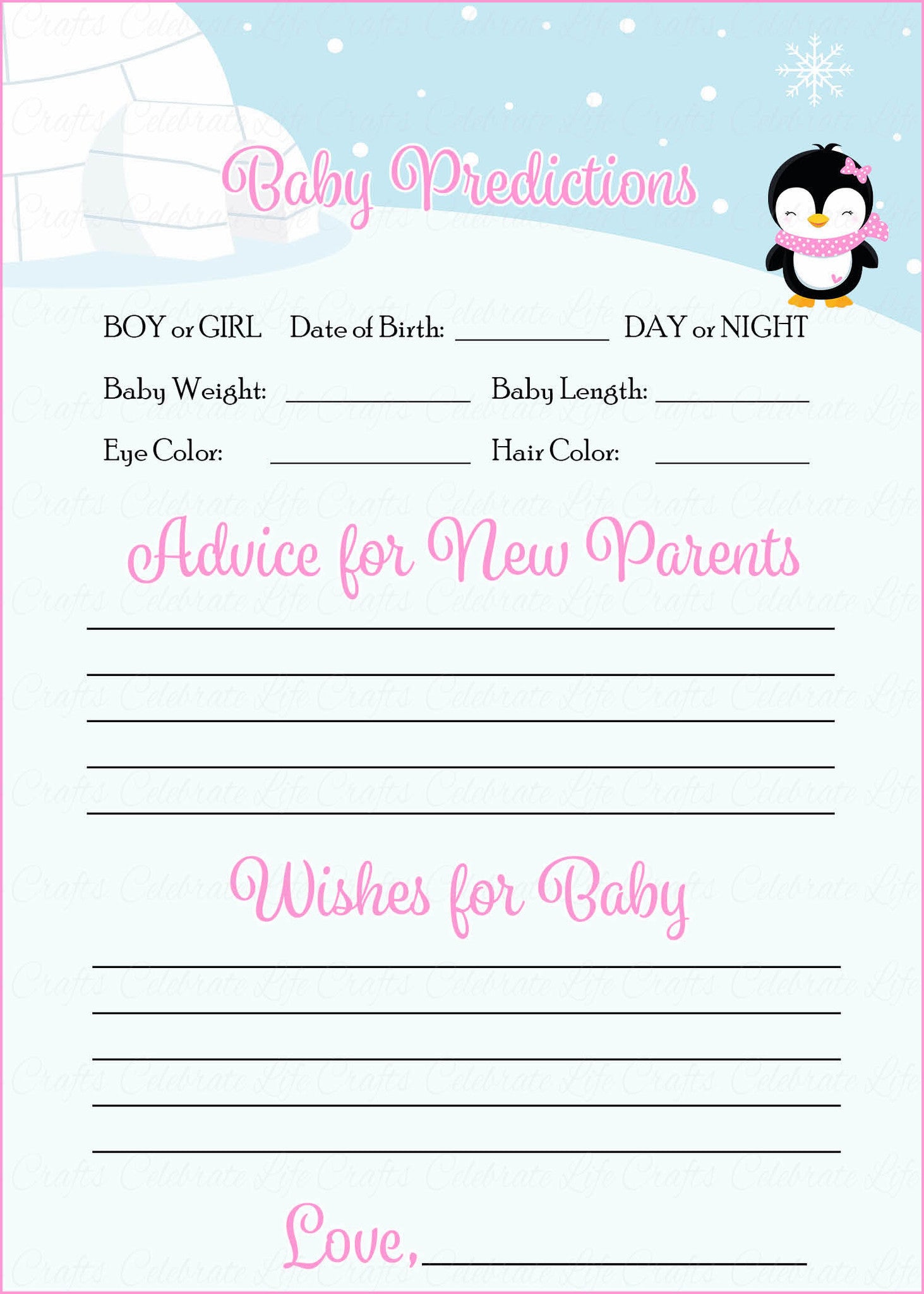 Prediction Advice Baby Shower Activity Winter Baby Shower Theme For Baby Girl Pink Penguin Celebrate Life Crafts