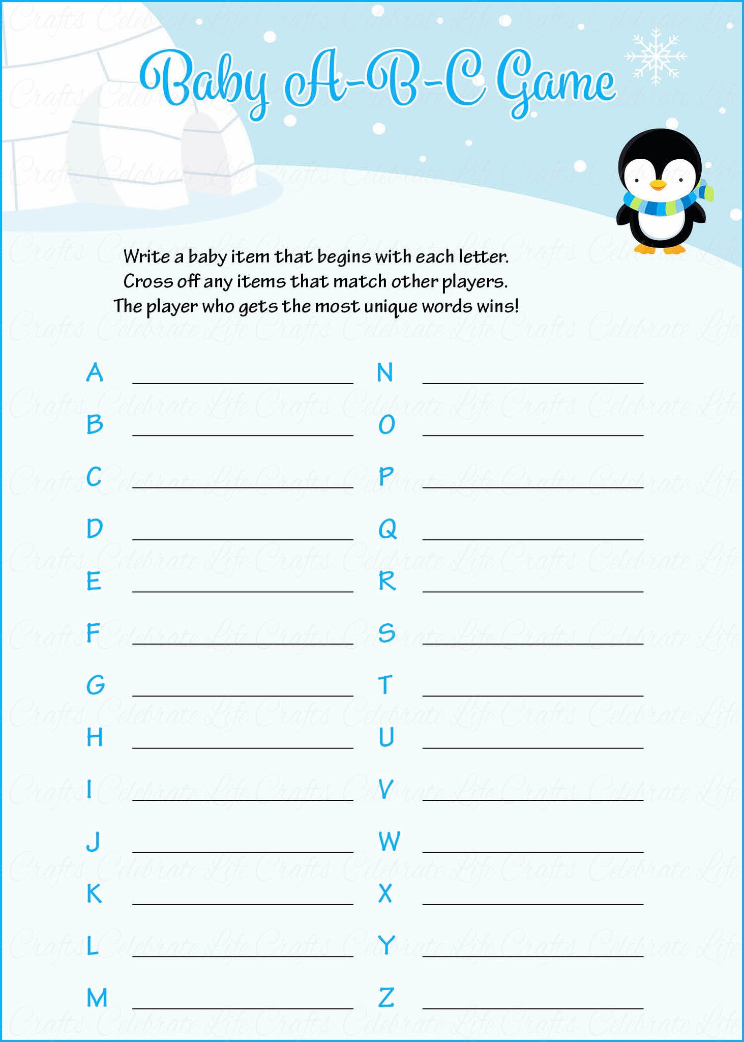 Baby ABC's Baby Shower Game Winter Baby Shower Theme for