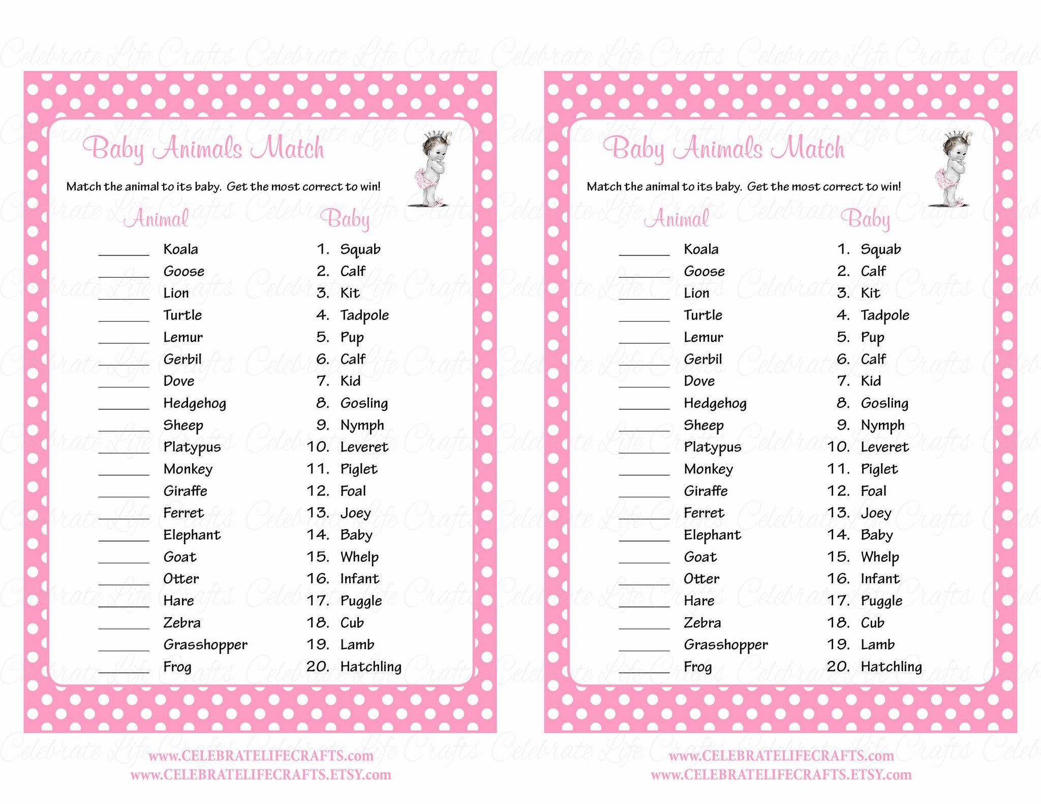 Baby Animals Match Baby Shower Game Princess Baby Shower Theme For