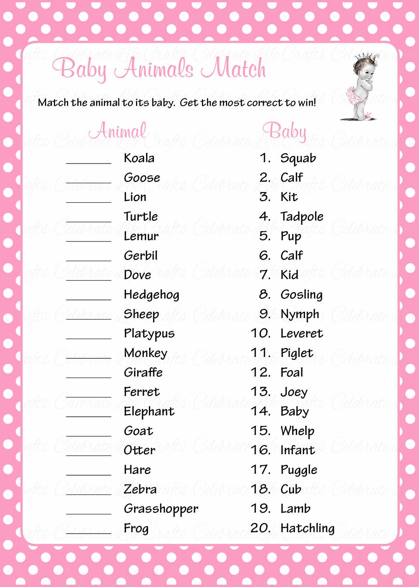 Baby Animals Match Baby Shower Game Princess Baby Shower Theme for