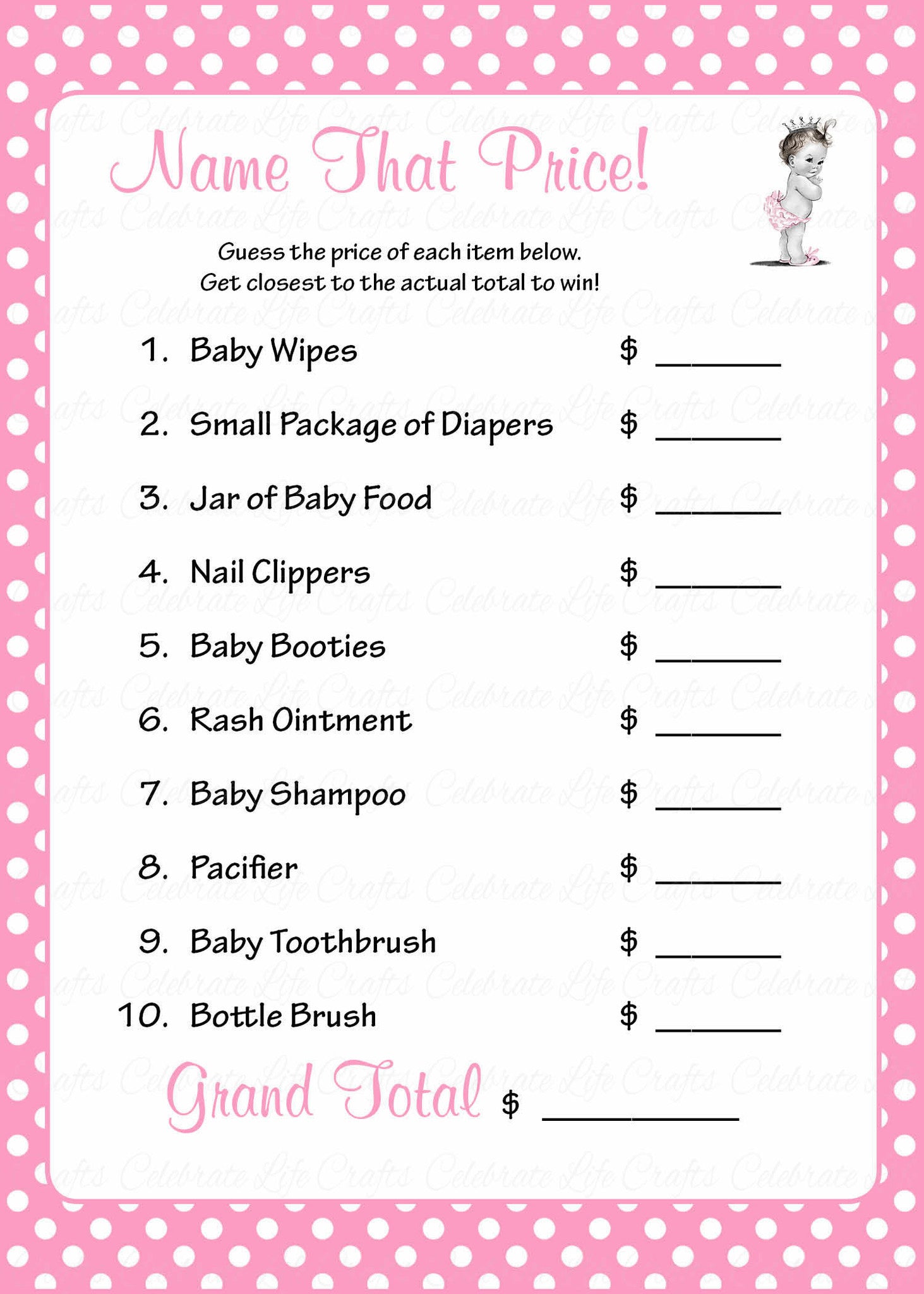 Name That Price Baby Shower Game  Princess Baby Shower Theme for Baby Girl  Pink \u2013 Celebrate 