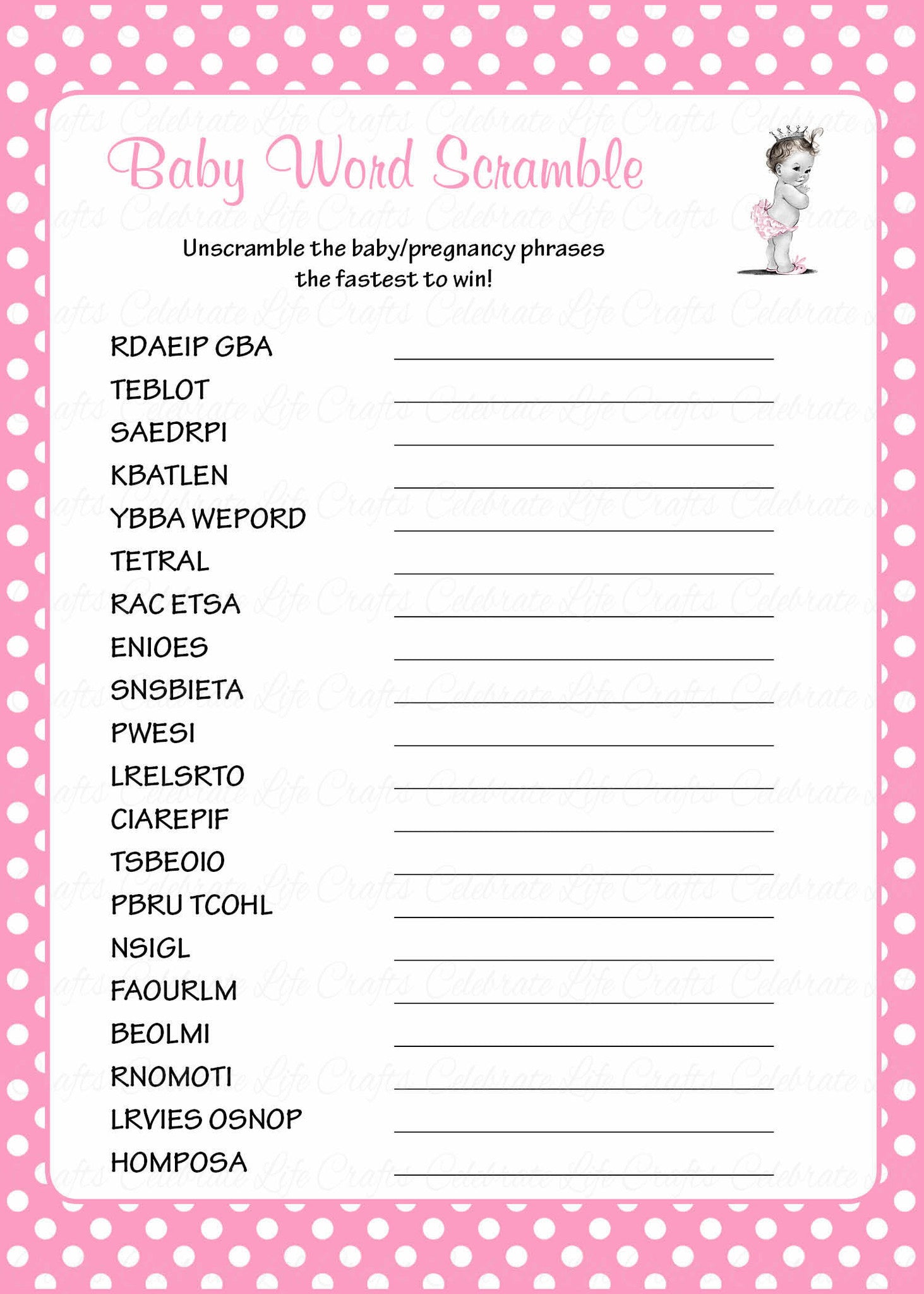 Word Scramble Baby Shower Game - Princess Baby Shower ...