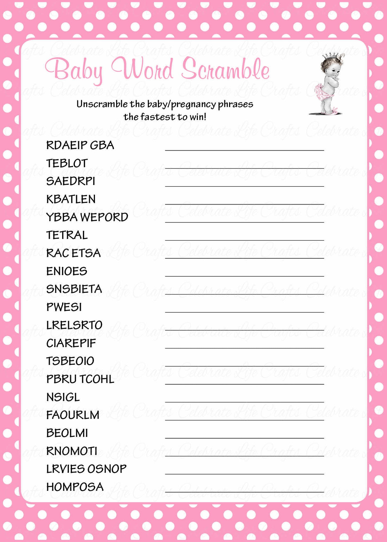 Word Scramble Baby Shower Game - Princess Baby Shower Theme for Baby