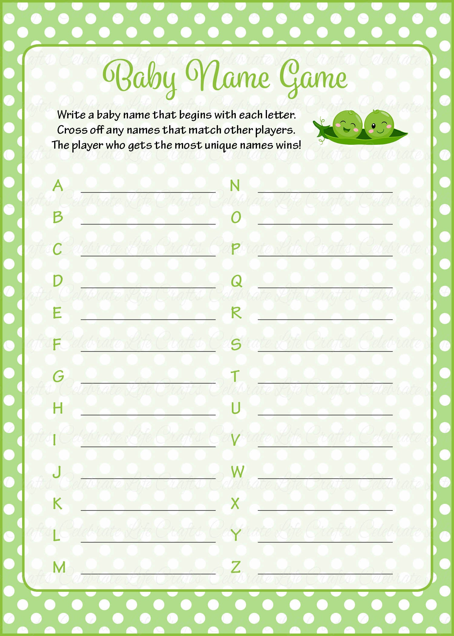 Baby Name Baby Shower Game Peas In A Pod Baby Shower Theme For Baby Boy Twins Green Polka Dots Celebrate Life Crafts