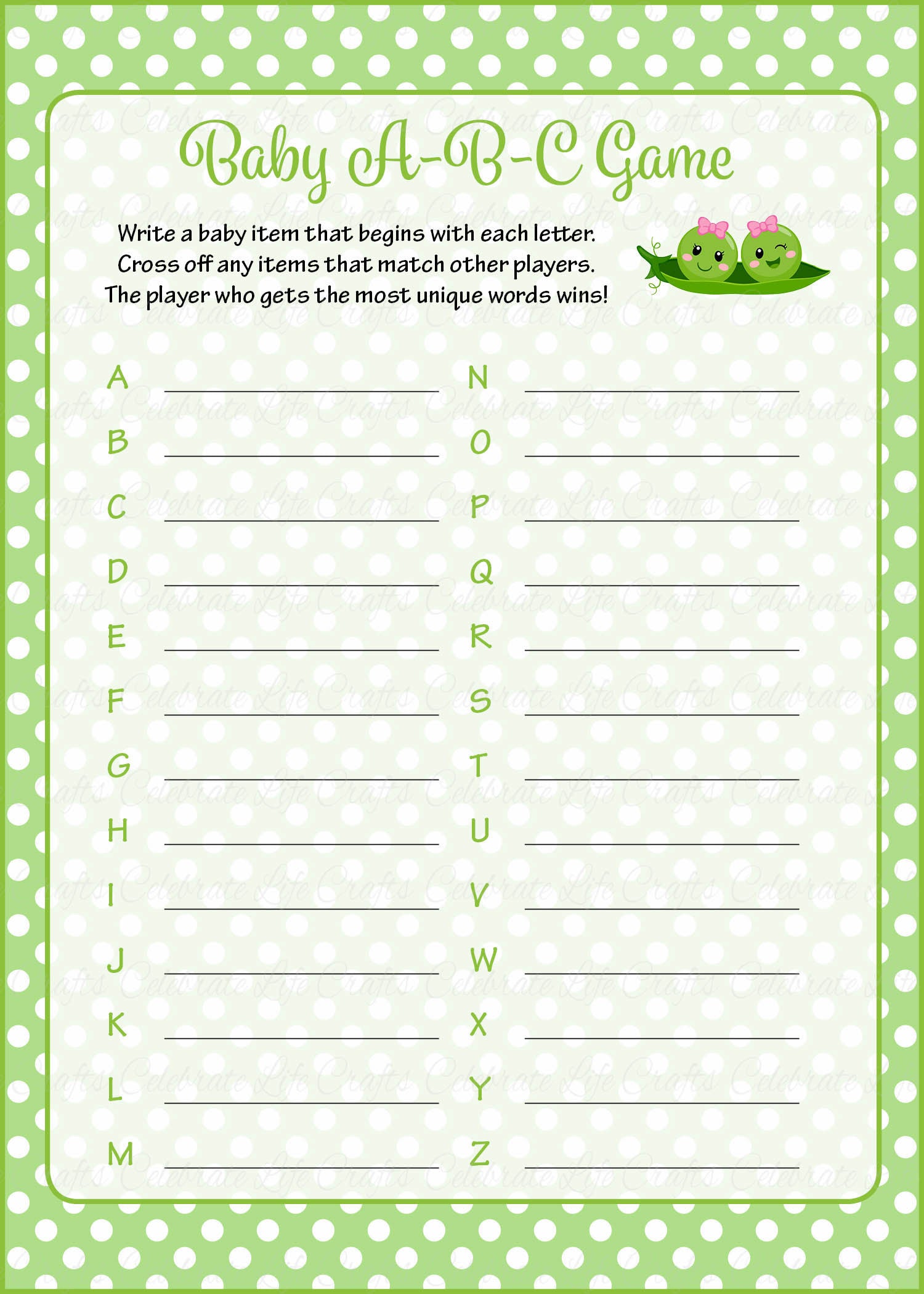 Baby Abc S Baby Shower Game Peas In A Pod Baby Shower Theme For