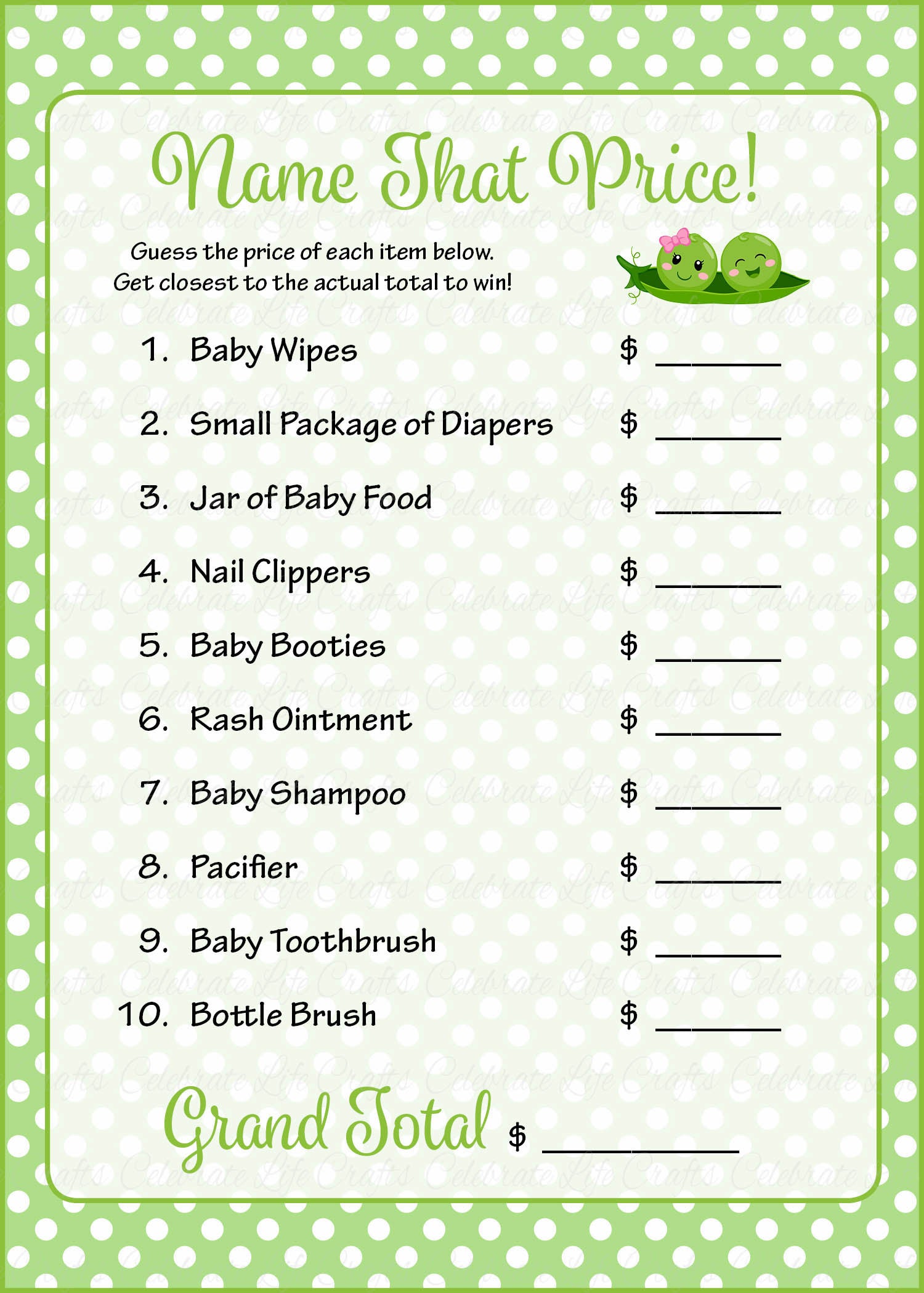 Name That Price Baby Shower Game Peas In A Pod Baby Shower Theme For Baby Boy Girl Twins Green Polka Dots Celebrate Life Crafts