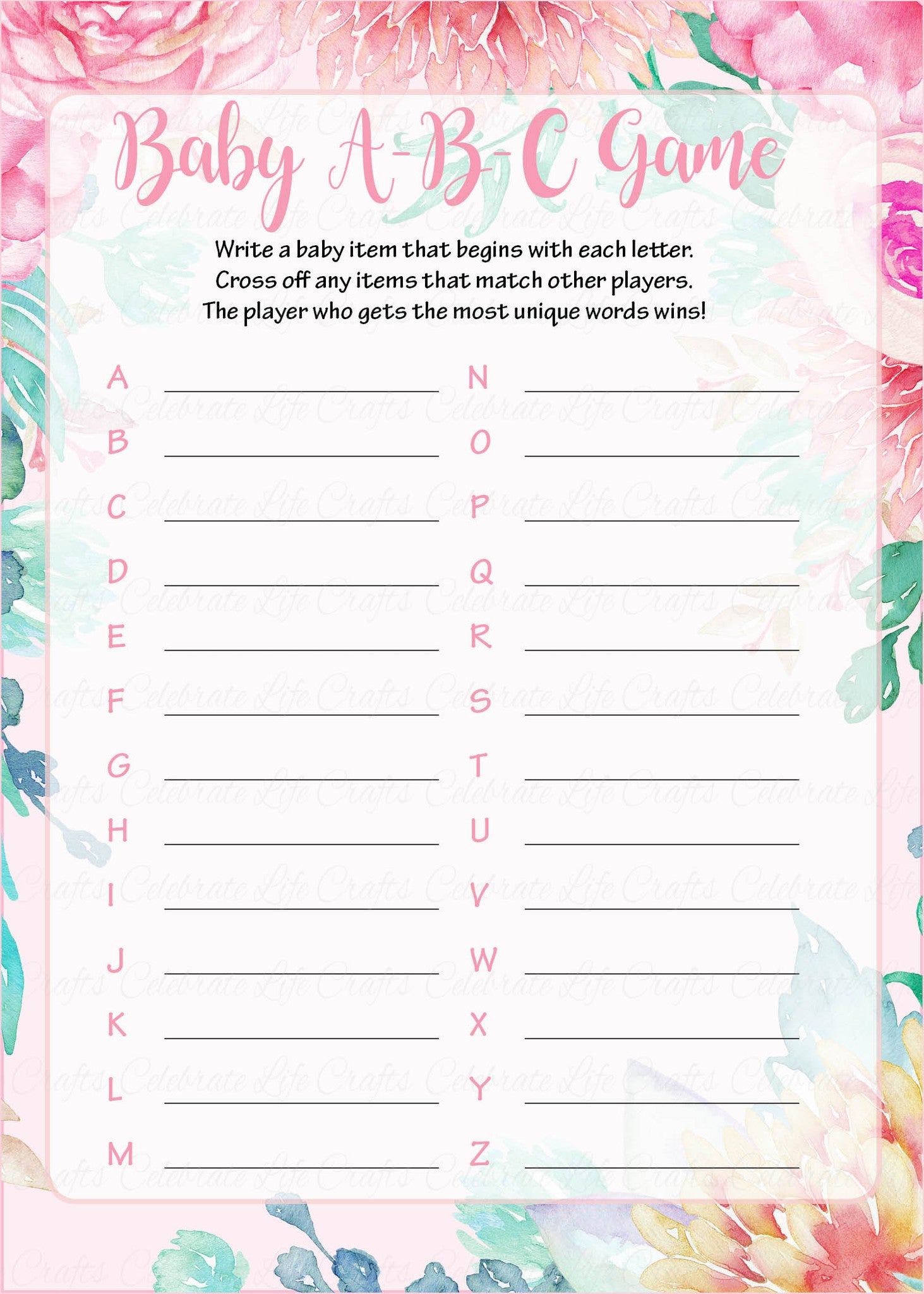 Baby ABC's Baby Shower Game - Spring Baby Shower Theme for Baby Girl ...