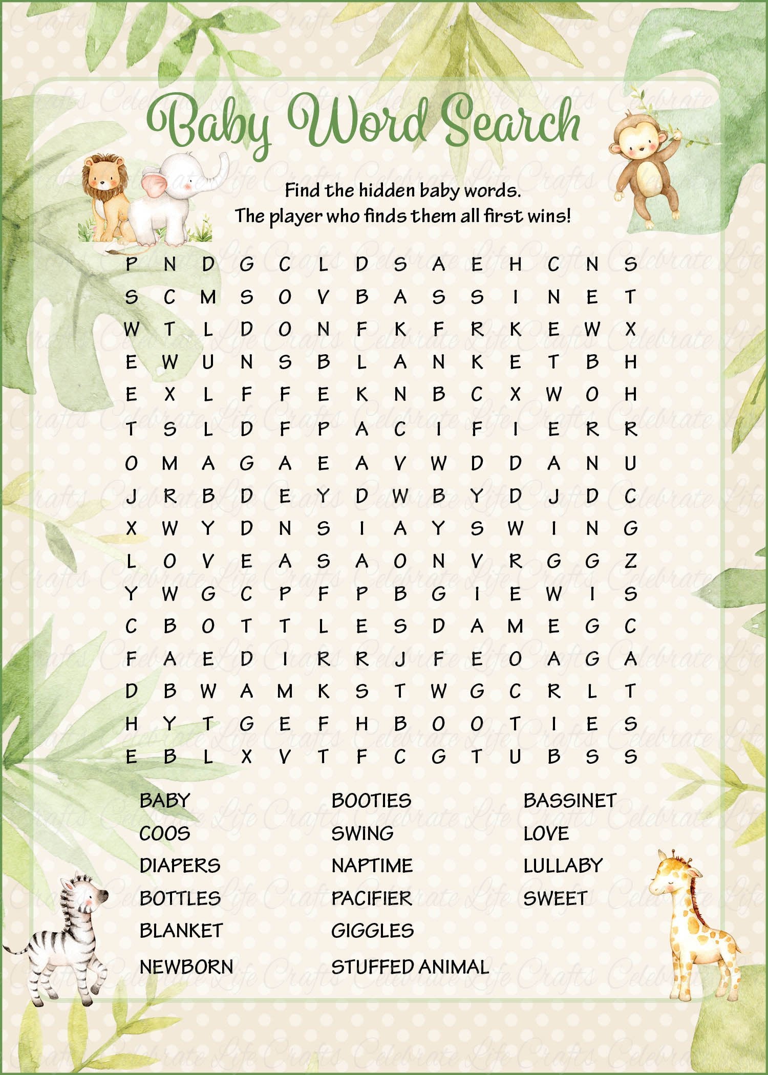 Word Search Baby Shower Game Safari Baby Shower Theme For Baby Boy