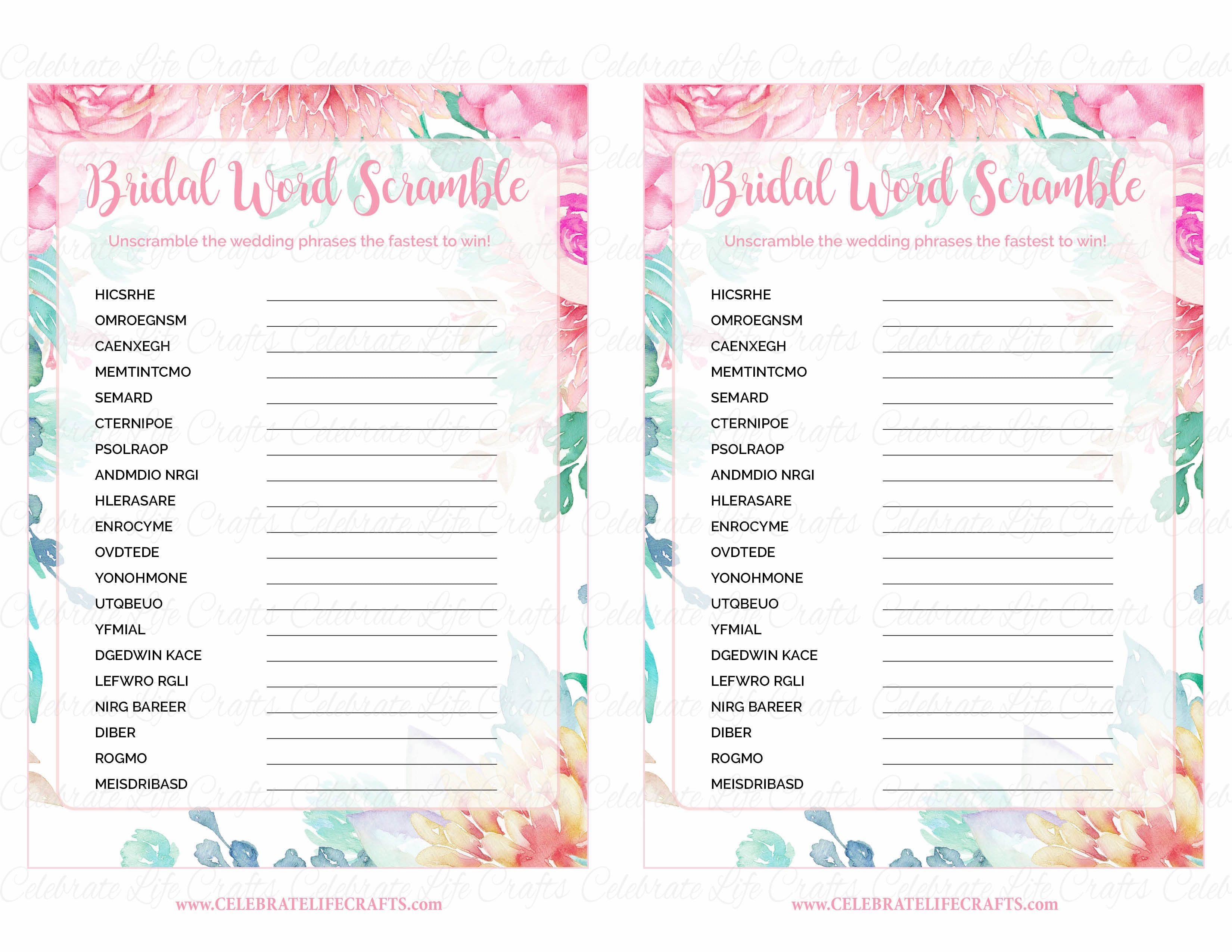 Free Printable Bridal Shower Games Word Scramble