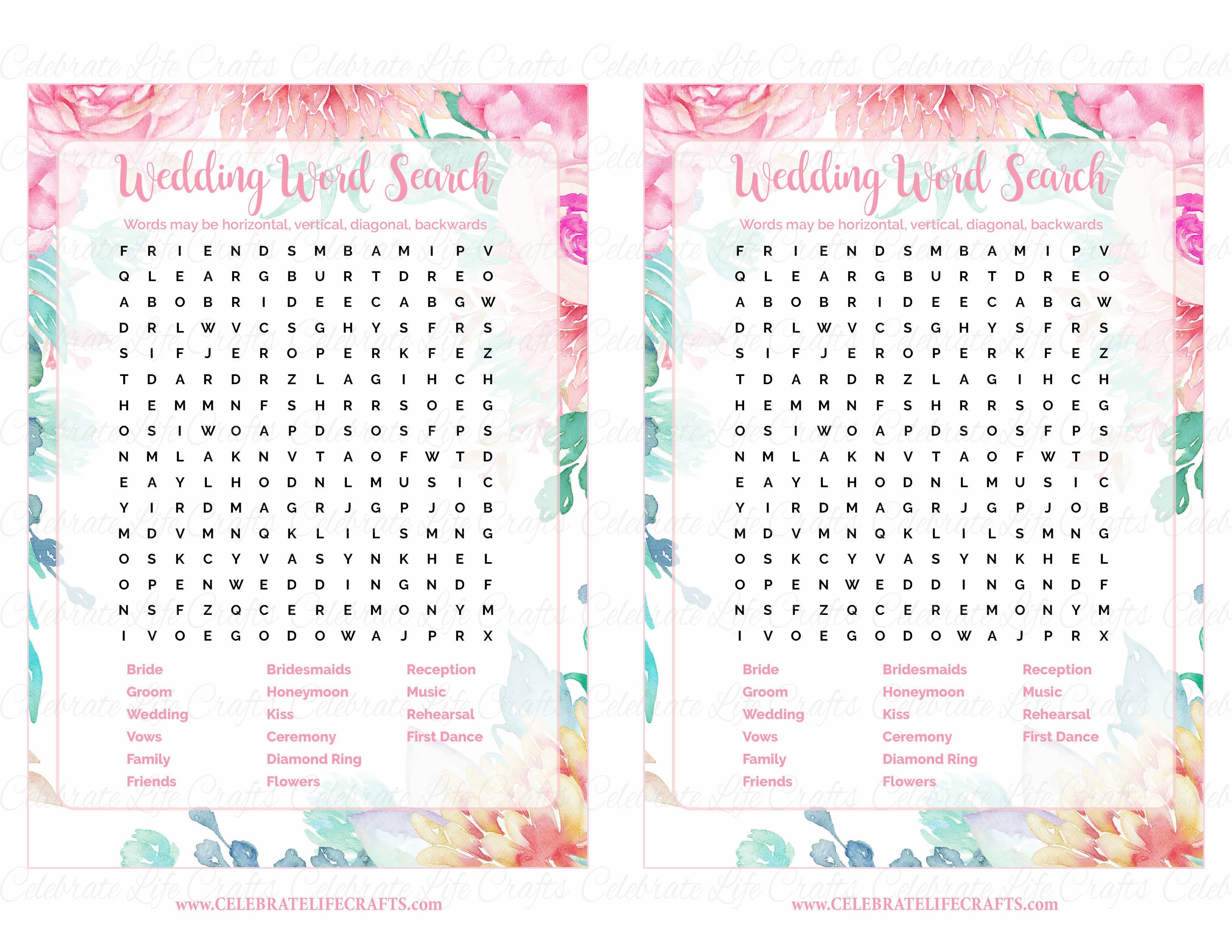 wedding word search bridal shower game pink floral