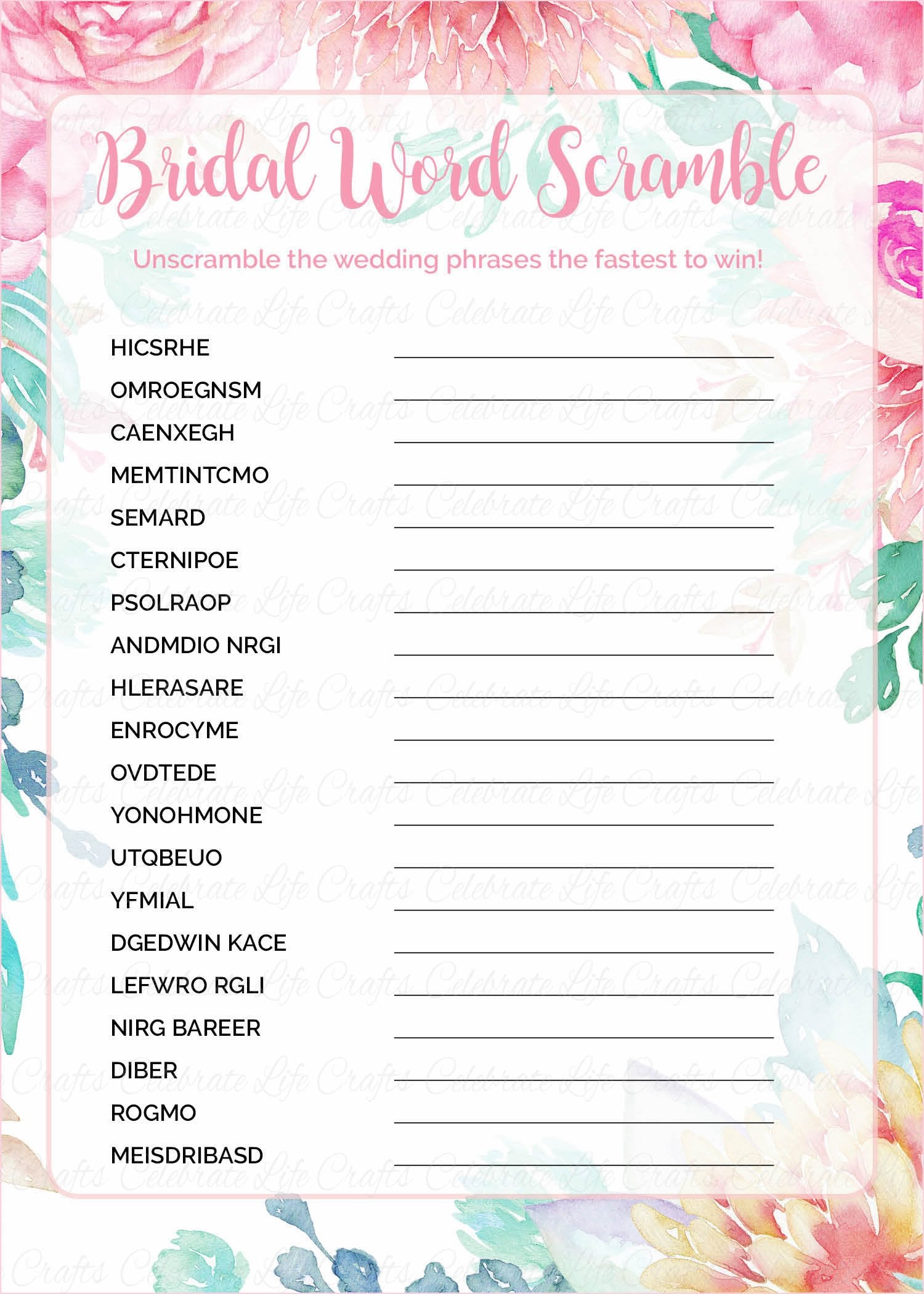 Word Scramble Bridal Shower Game Pink Floral Wedding Shower Theme 