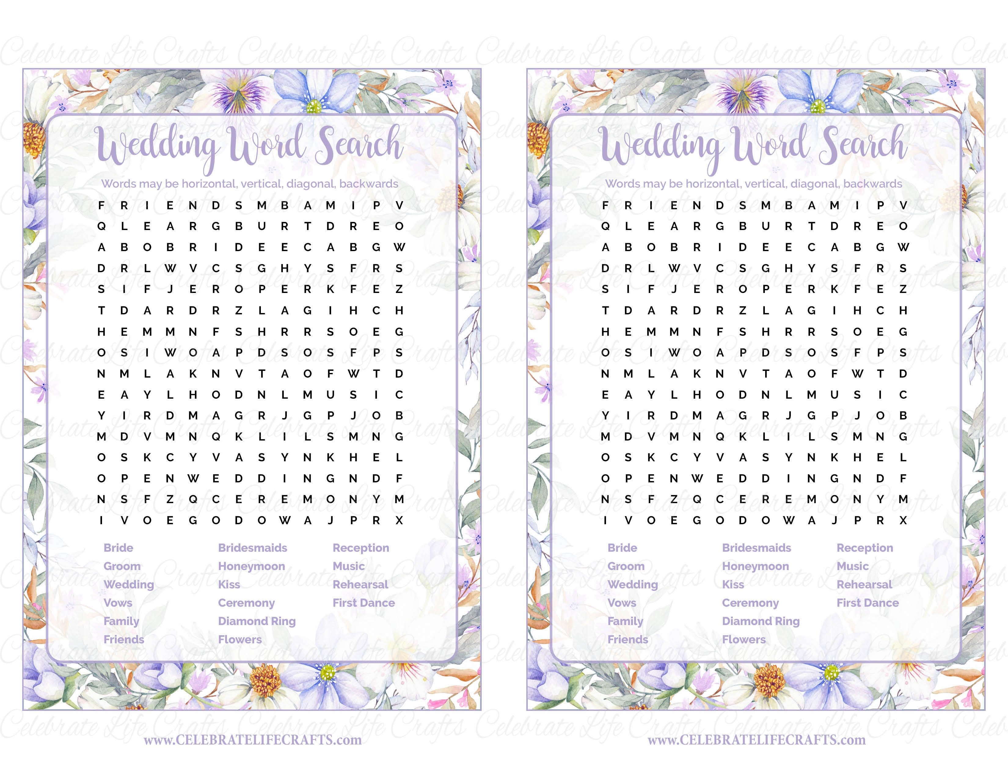 wedding word search bridal shower game purple floral