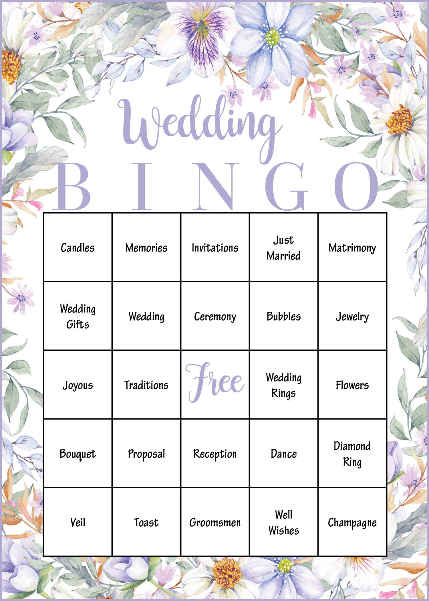 Purple Floral Bridal Shower or Wedding Game Download Wedding Bingo