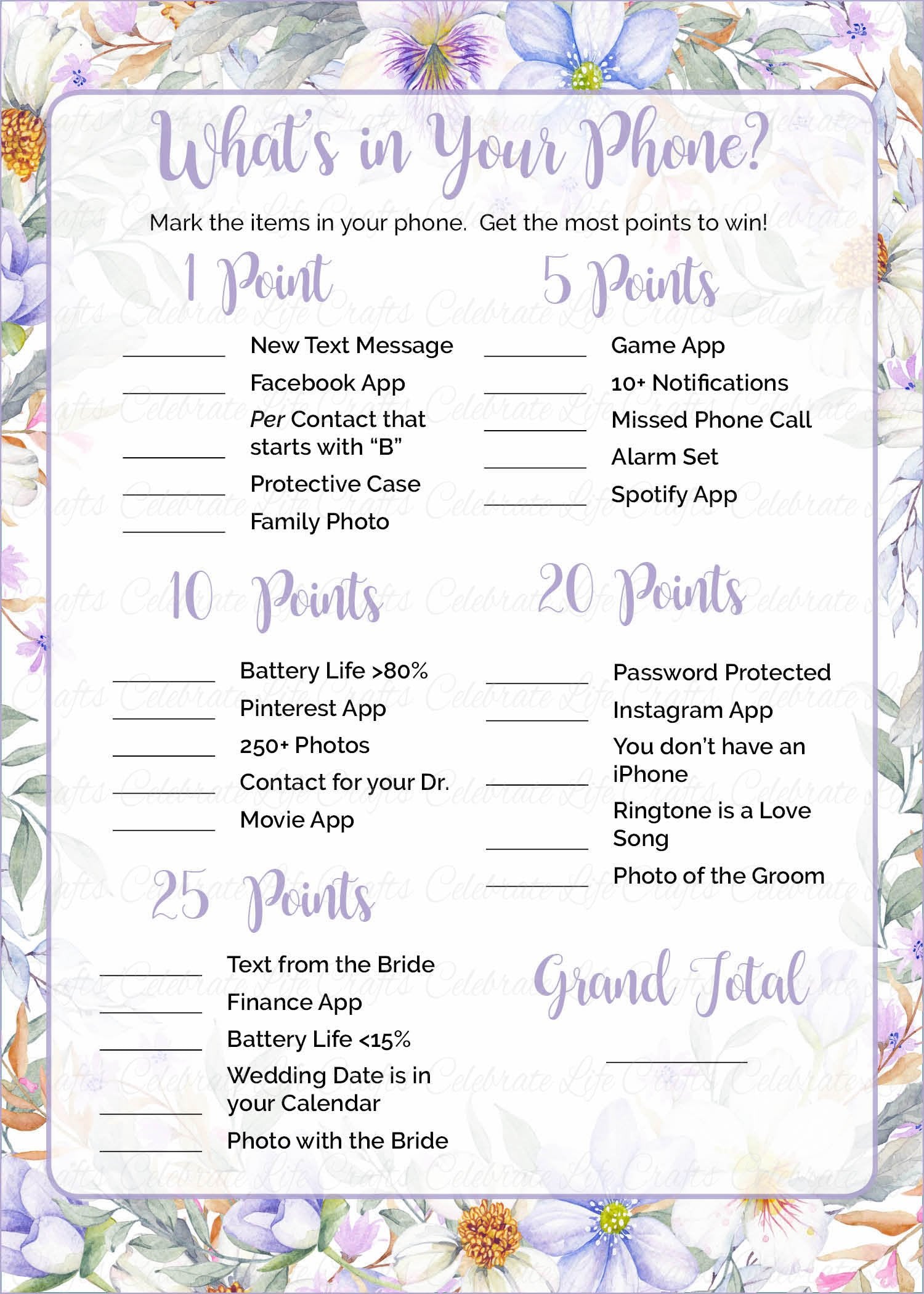 what-s-in-your-phone-bridal-shower-game-purple-floral-wedding-shower