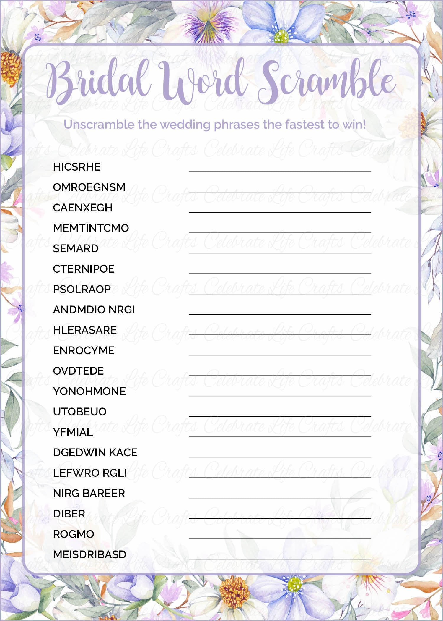 word scramble bridal shower game purple floral wedding shower theme