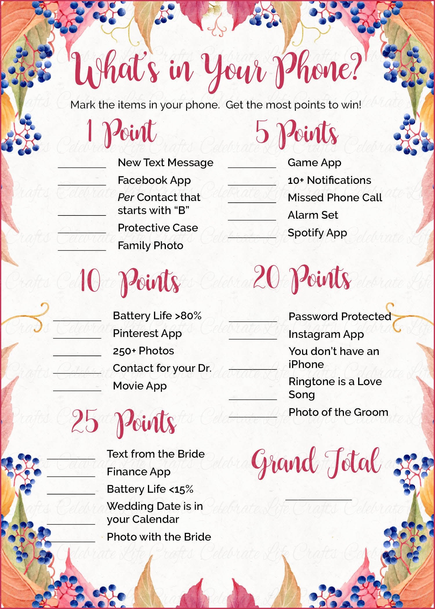 whats in your phone fall bridal shower game falling in