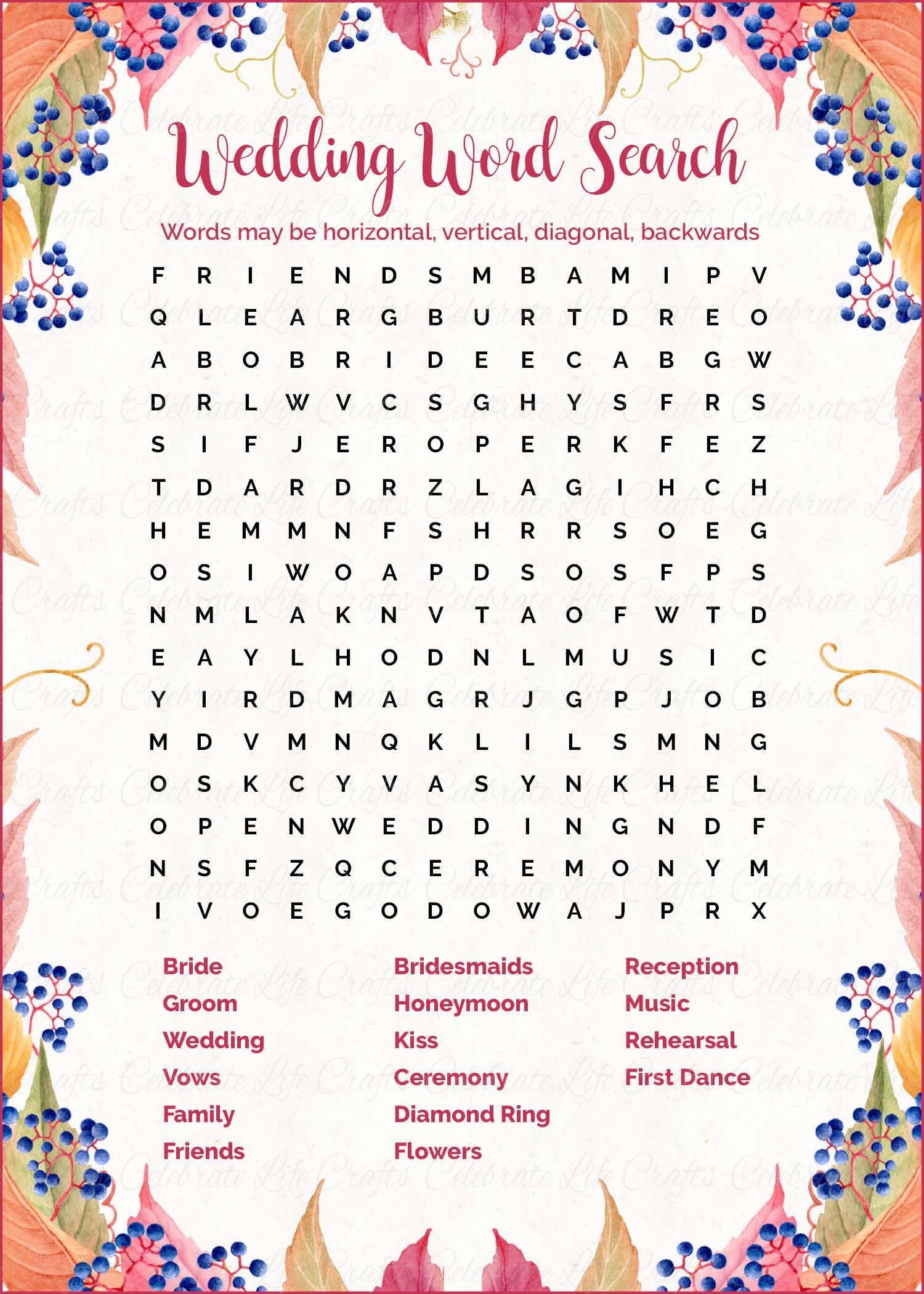 Bridal Shower Word Search Answers