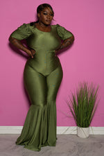Plus Size "Lifesize Doll"  Cut Out Reversible bell Bottom Jumpsuit - Olive Green