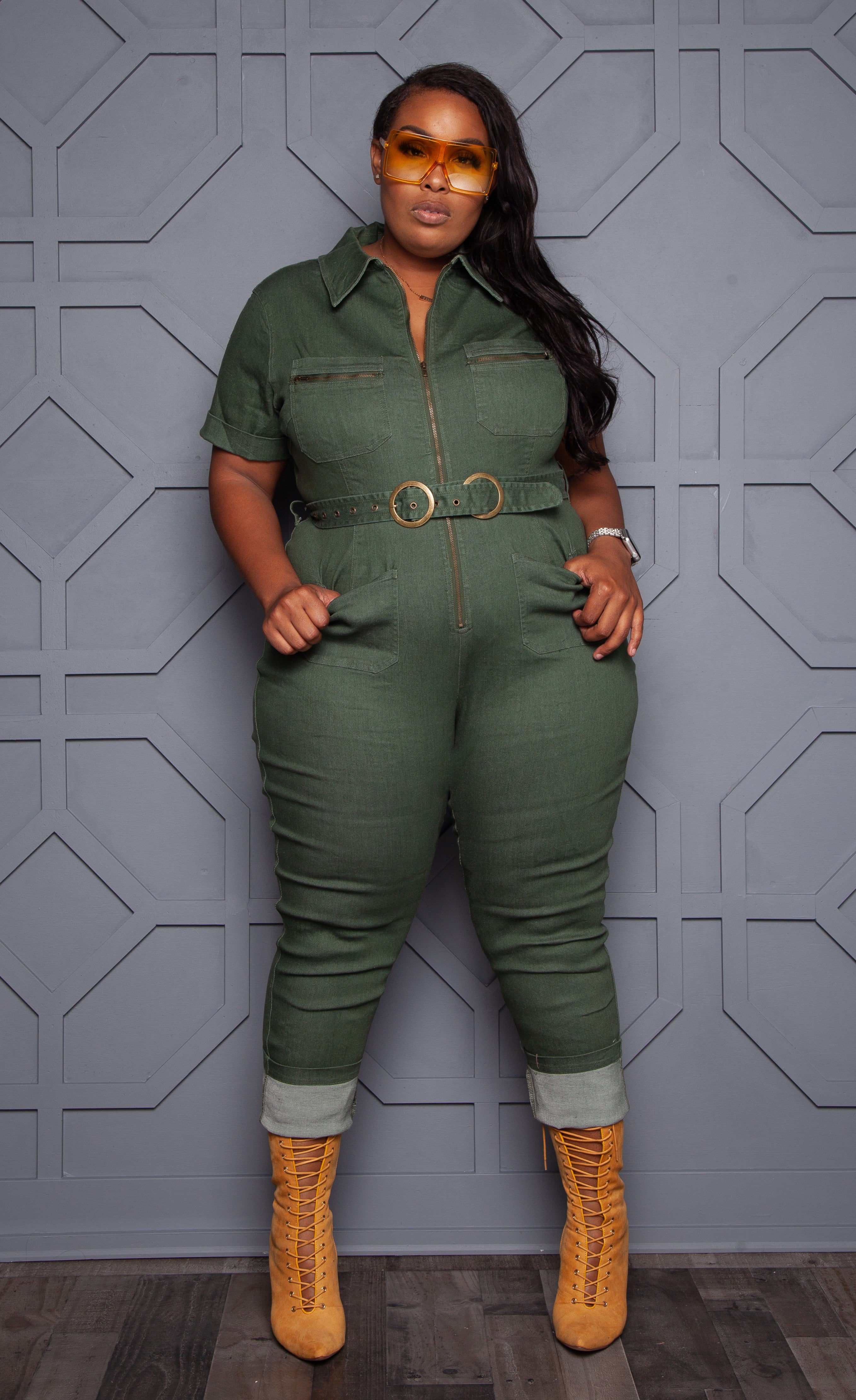 Plus Size Super Hero Cargo Denim Jumpsuit Olive Green – Boutique115