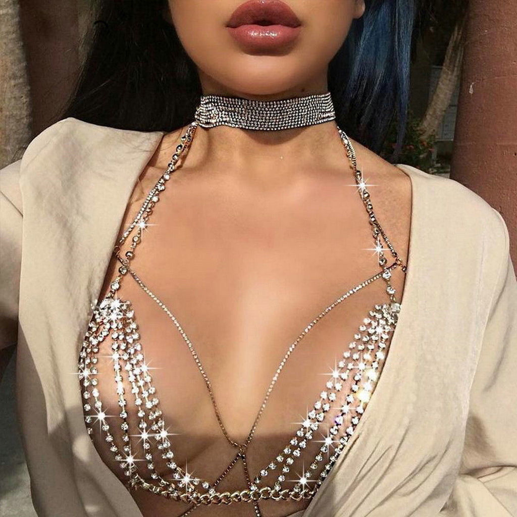 Bra Shiny Rhinestone Crystal Cover Chest Women Body Chain Harness Neck