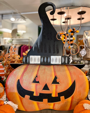Round Top Outdoor Jack O Lantern with Witch Hat