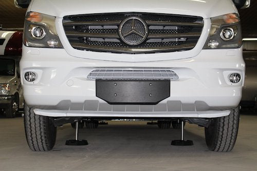 Photo courtesy of Bigfoot Leveling. A Mercedes Van with a Bigfoot Leveling system and RV SnapPads installed.