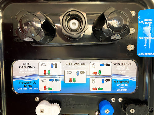 The image in the bottom right corner shows the proper setting for our Nautilus P1 panel to be in when sanitizing our fresh water holding tank.