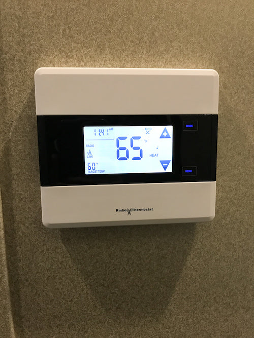 This thermostat is our new favorite gadget in the RV. We can adjust the temperature while we’re gone and check in to ensure the temperature is still at a good setting for our dog, Carmen.  
