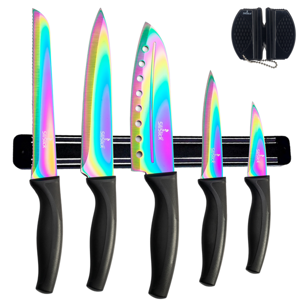 Rainbow Titanium Knife Set, Non Stick Thick and Sharp Stainless Steel 15  Pcs Cutlery Kitchen Knives Set with Acrylic Block, Chef Quality for Home 