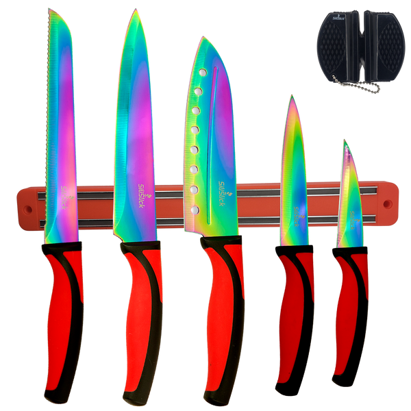 Kitchen Knife Set Kit  Black Handle & Red Magnetic Rack – SiliSlick®