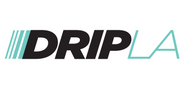DripLA streetwear, shoes and sneakers store logo. Black letters D R I P followed by cyan letters L A