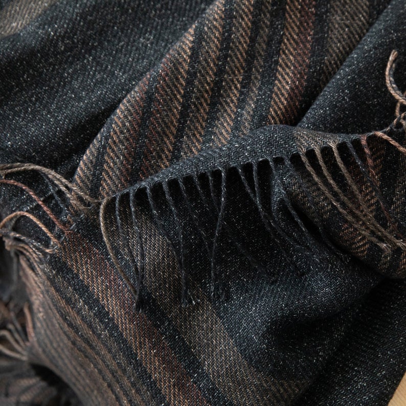 Linen Blanket  Black Tartan Stripe MultI Color Fringe