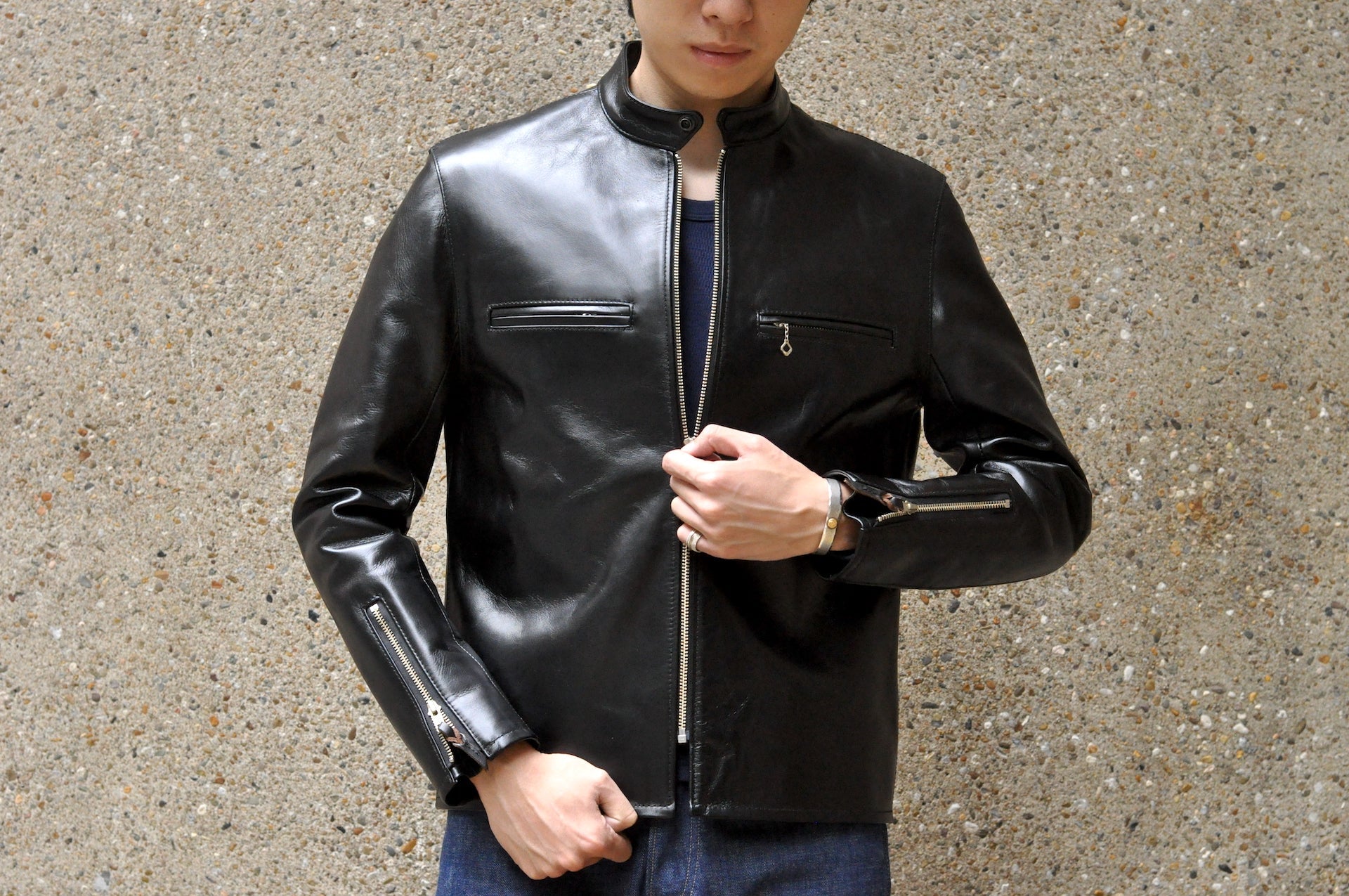 The Flat Head Horsehide Stand Collar Single Riders Jacket (Jet Black)