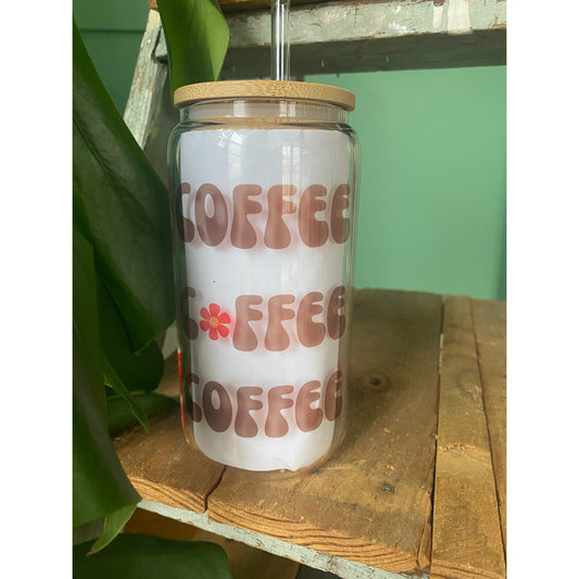 Leopard 16oz Glass Can WITH Bamboo Lid and Straw Iced Coffee 