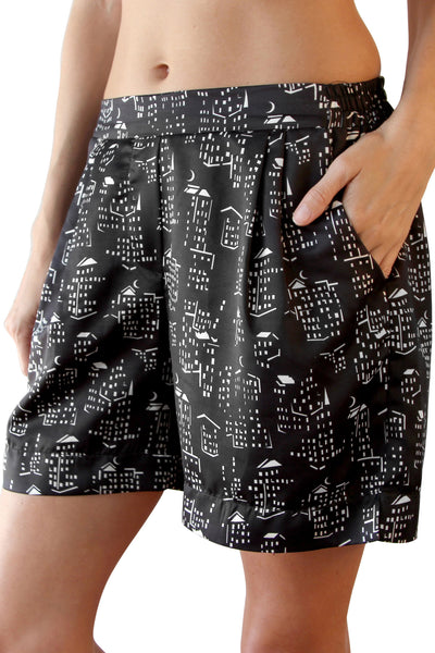 RECLINER Flared Pajama Short in Cityscape print - $95
