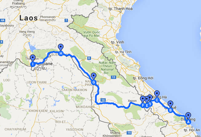 Map view of the journey from Da Nang, Vietnam to Laos