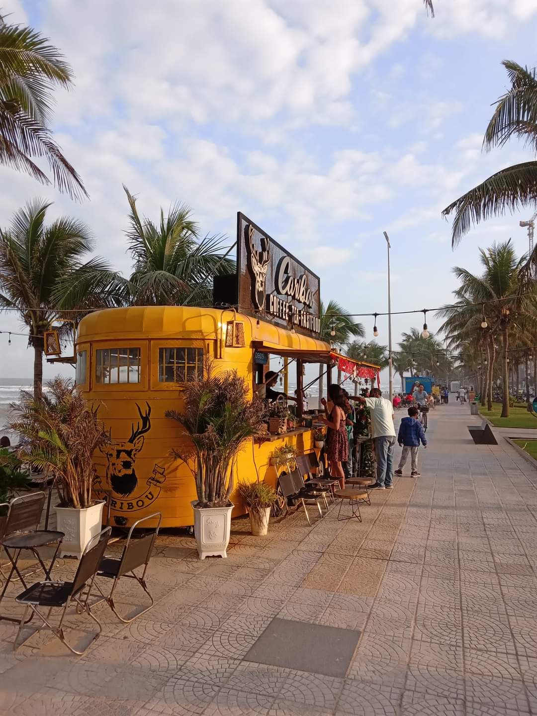 Beach boardwalk with food trucks in Da Nang, Vietnam