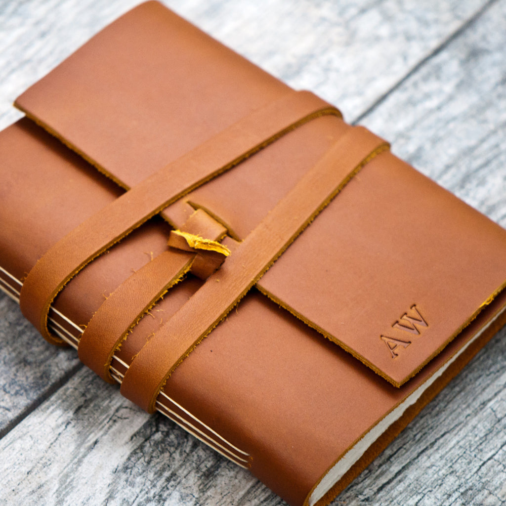 Saddle Tan Personalized Leather Journal with wrap closure – a cheery ...