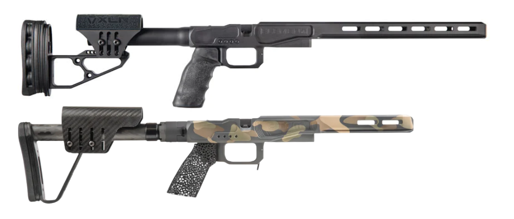 Comparison of Element 4.0 and ATOM Chassis - Element 4.0 showcasing a carbon buttstock with an adjustable cheek riser for personalized comfort and functionality