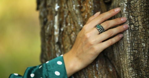 Woman Wearing Ring with Apatite Gemstone
