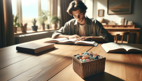 person studying with crystals on the side