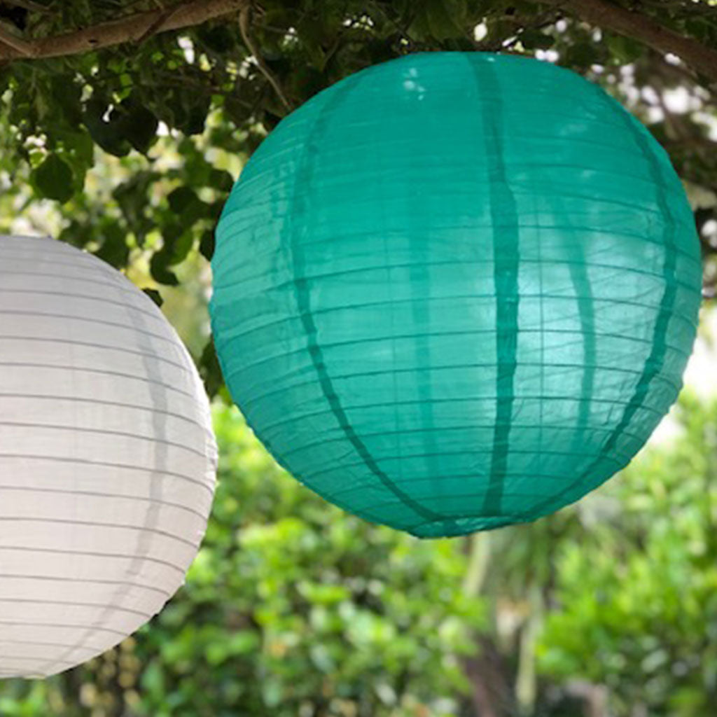 green and blue paper lanterns