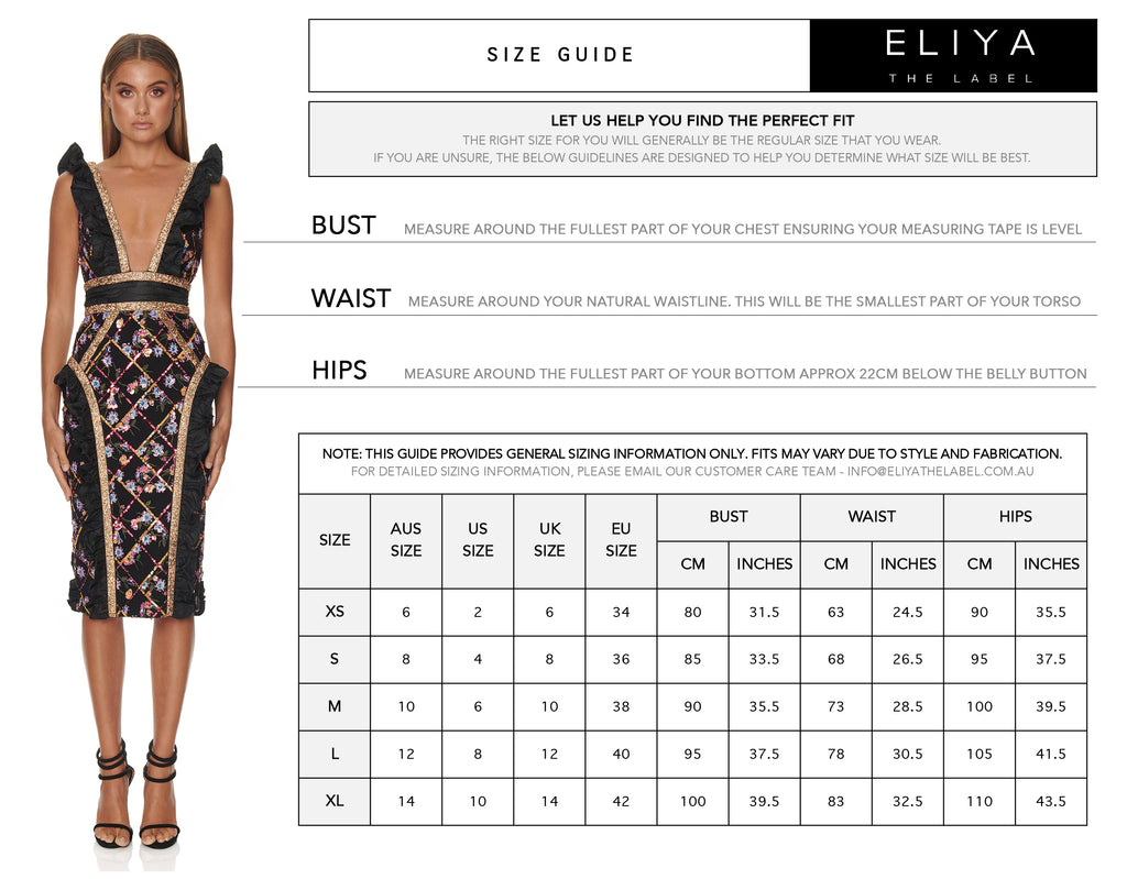 Eliya The Label Size Chart Guide For Bust, Waist and Hips