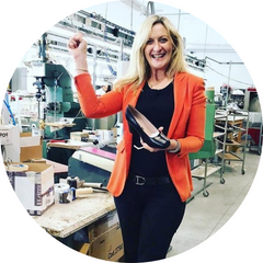 Founder of Louise M shoes Louise Matson in the factory in Italy