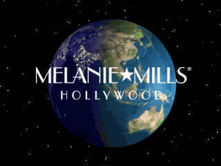 Spinning earth under Melanie Mills logo