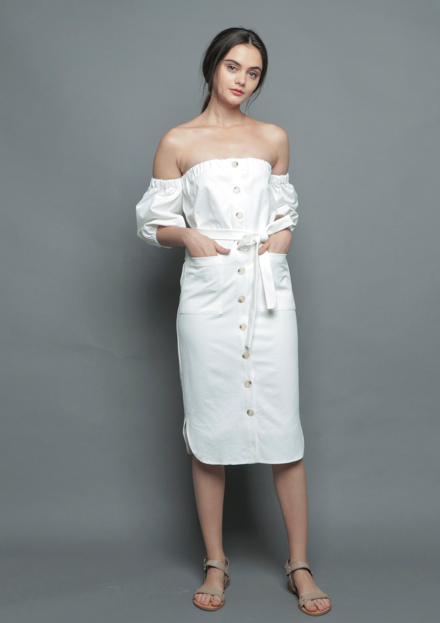 off the shoulder midi dress white