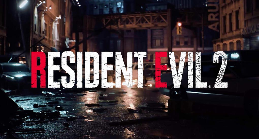 Image of a dilapidated city street with broken down cars. The Resident Evil logo is overlayed on top of this image.