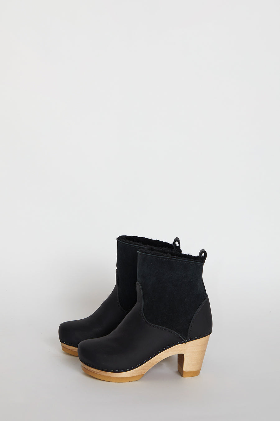 No.6 5" Pull On Shearling Clog Boot on High Heel in Black Suede